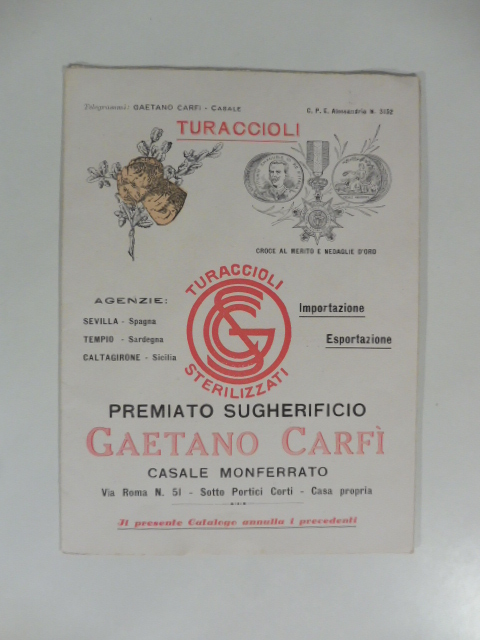 Turaccioli. Premiato sugherificio Gaetano Carfì, Casale Monferrato. Pieghevole pubblicitario